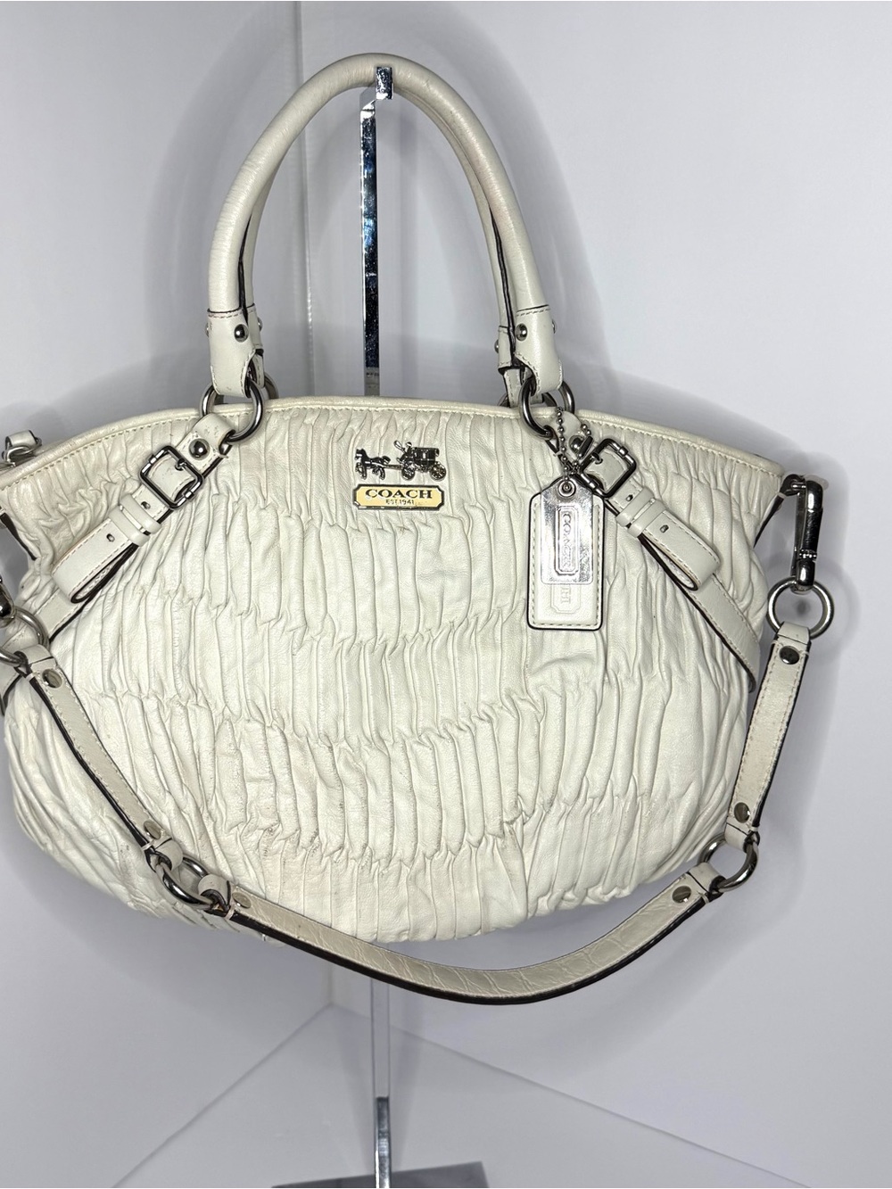 Coach Cream Ruched Leather Satchel with Top Handles